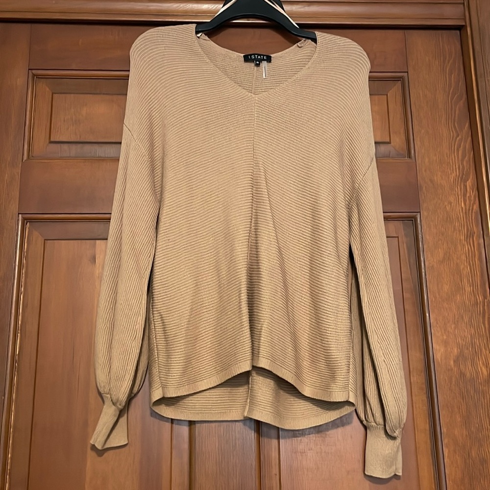 1.STATE Women's Rib-Knit Bubble Sleeve Long Sleeve Sweater